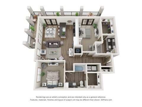 A 3D floor plan of a house with a kitchen, living room, and bedrooms.